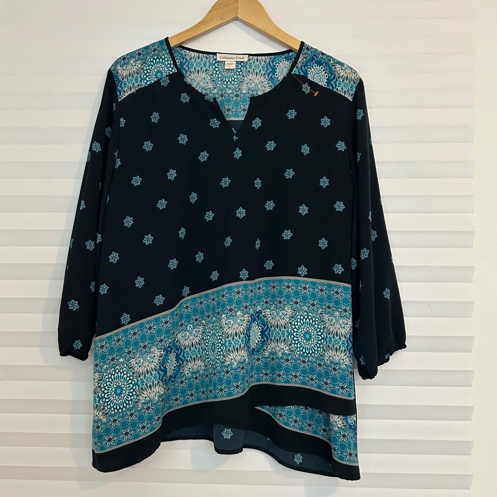 Coldwater Creek Womens Navy Teal Geometric Mandala Print Tunic Blouse Large
